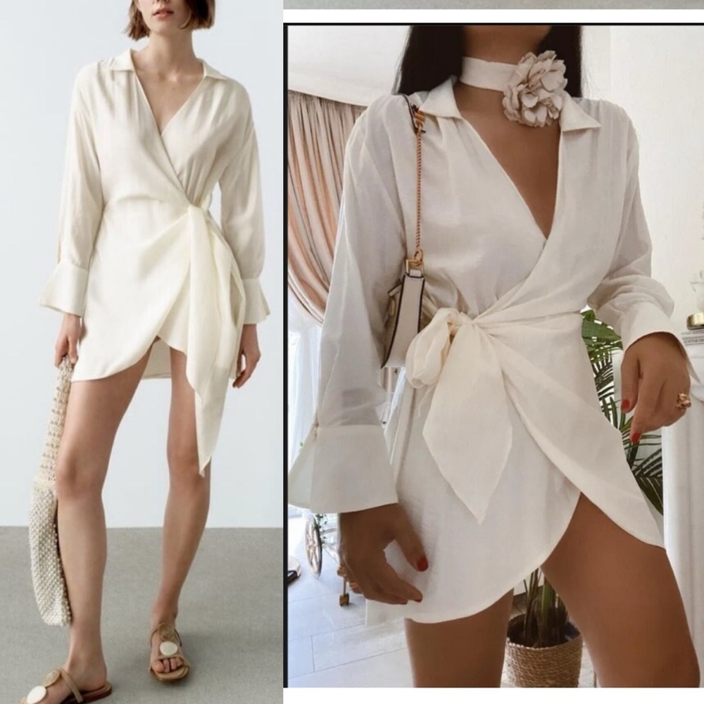 Zara ivory off white tie side mini long sleeve wrap dress